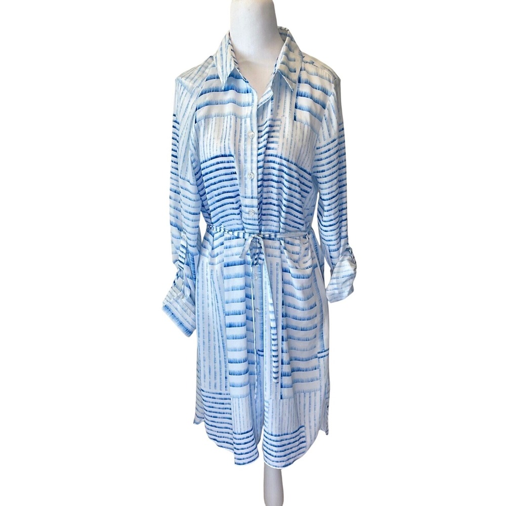 Chicos Shirt Dress‎ Blue White Striped Print Long Sleeve Casual Belt Size M